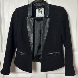MILLY Black wool Tuxedo blazer jacket with black lambskin leather trim size 0